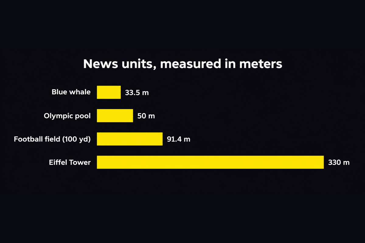 Bar chart of news units in meters: blue whale 33.5 m, Olympic pool 50 m, American football field (100 yards) 91.4 m, Eiffel Tower 330 m